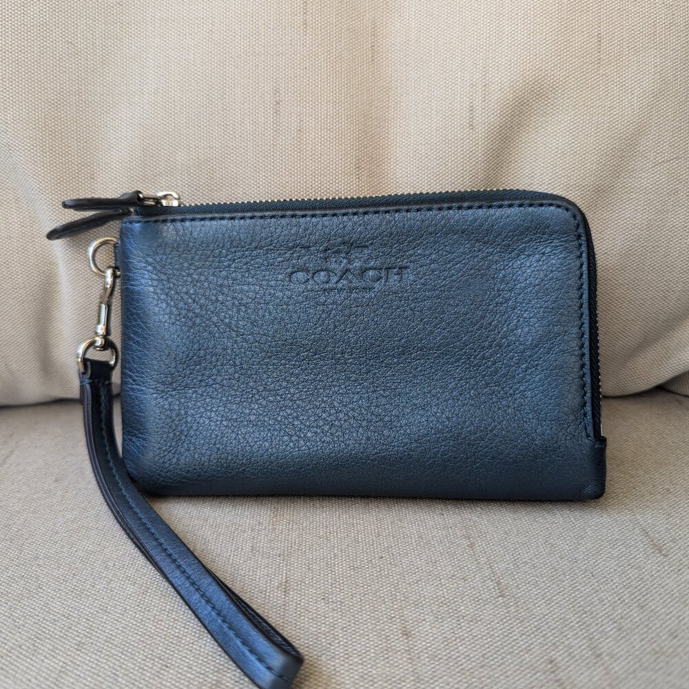 Coach Double Corner Zip Wristlet 6649 - Metallic Blue,  Excellent Condition